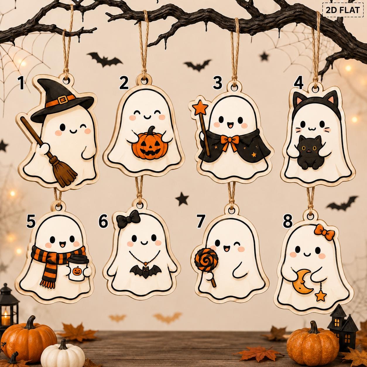 Cute Halloween Ghost Ornament, 2D Flat Ghost Tree Decor, Personalized Spooky Pumpkin Ornament, Halloween Party Decor, Fall Hanging Gift