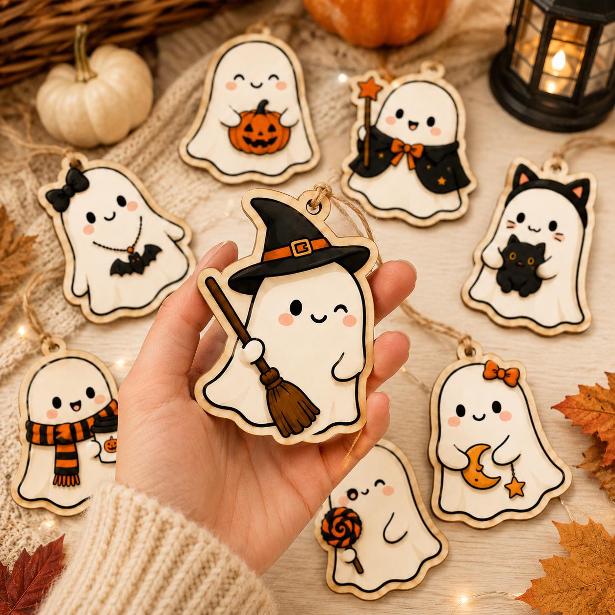 Cute Halloween Ghost Ornament, 2D Flat Ghost Tree Decor, Personalized Spooky Pumpkin Ornament, Halloween Party Decor, Fall Hanging Gift