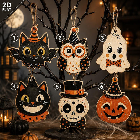 Halloween Vintage Wood Ornament, Spooky Cat Ghost Pumpkin Skull Hanging Decor, 2D Flat Halloween Tree Ornament, Vintage Rustic Fall Decor