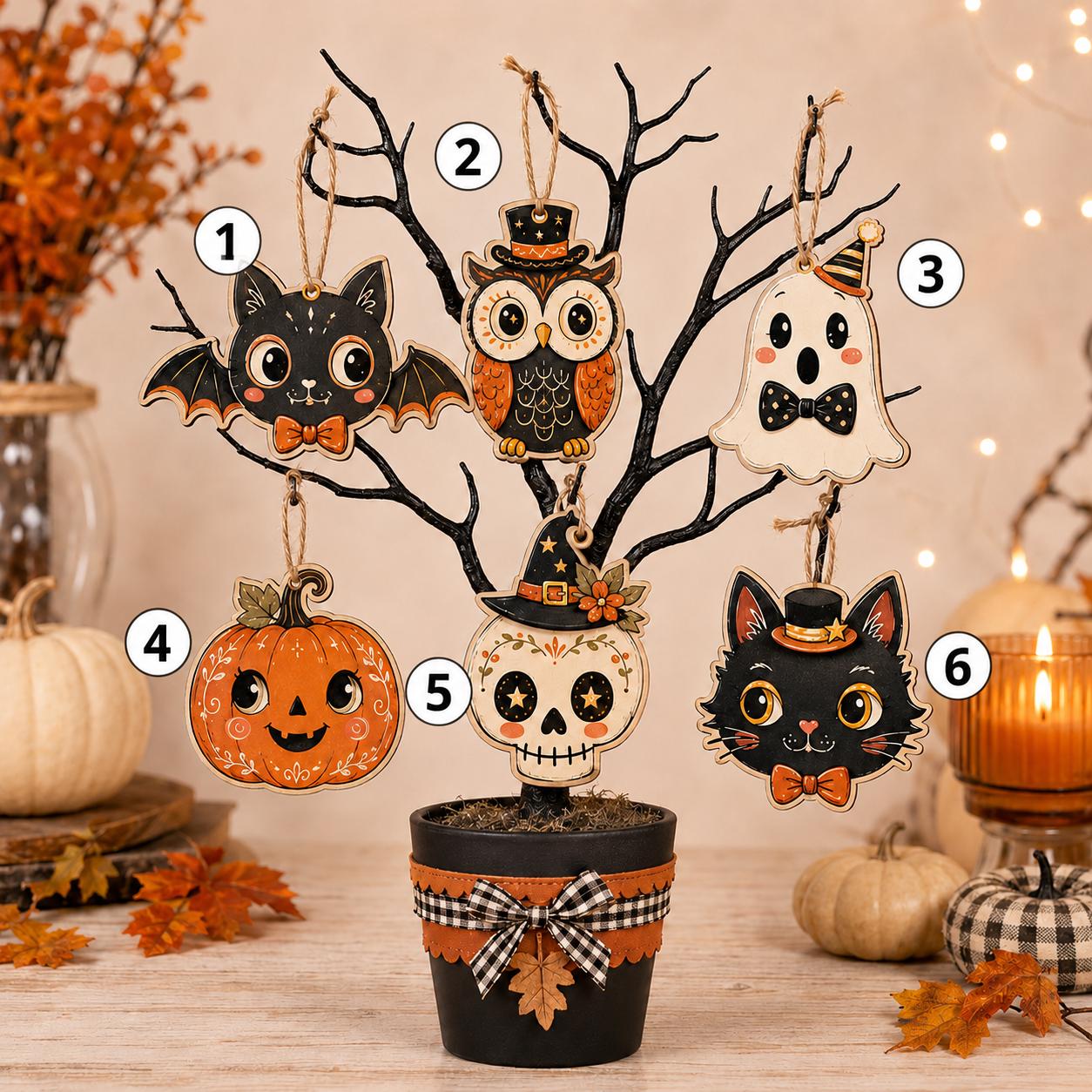 Halloween Wooden Hanging Ornaments Set, Cute Ghost Owl Decor, Black Cat Bat Pumpkin Skull Wood Tree Ornament, Fall Farmhouse Decor Halloween