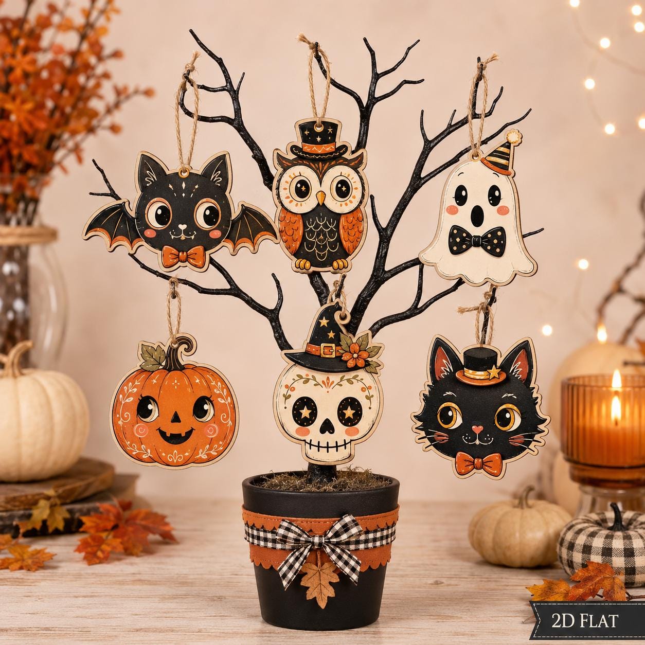 Halloween Wooden Hanging Ornaments Set, Cute Ghost Owl Decor, Black Cat Bat Pumpkin Skull Wood Tree Ornament, Fall Farmhouse Decor Halloween