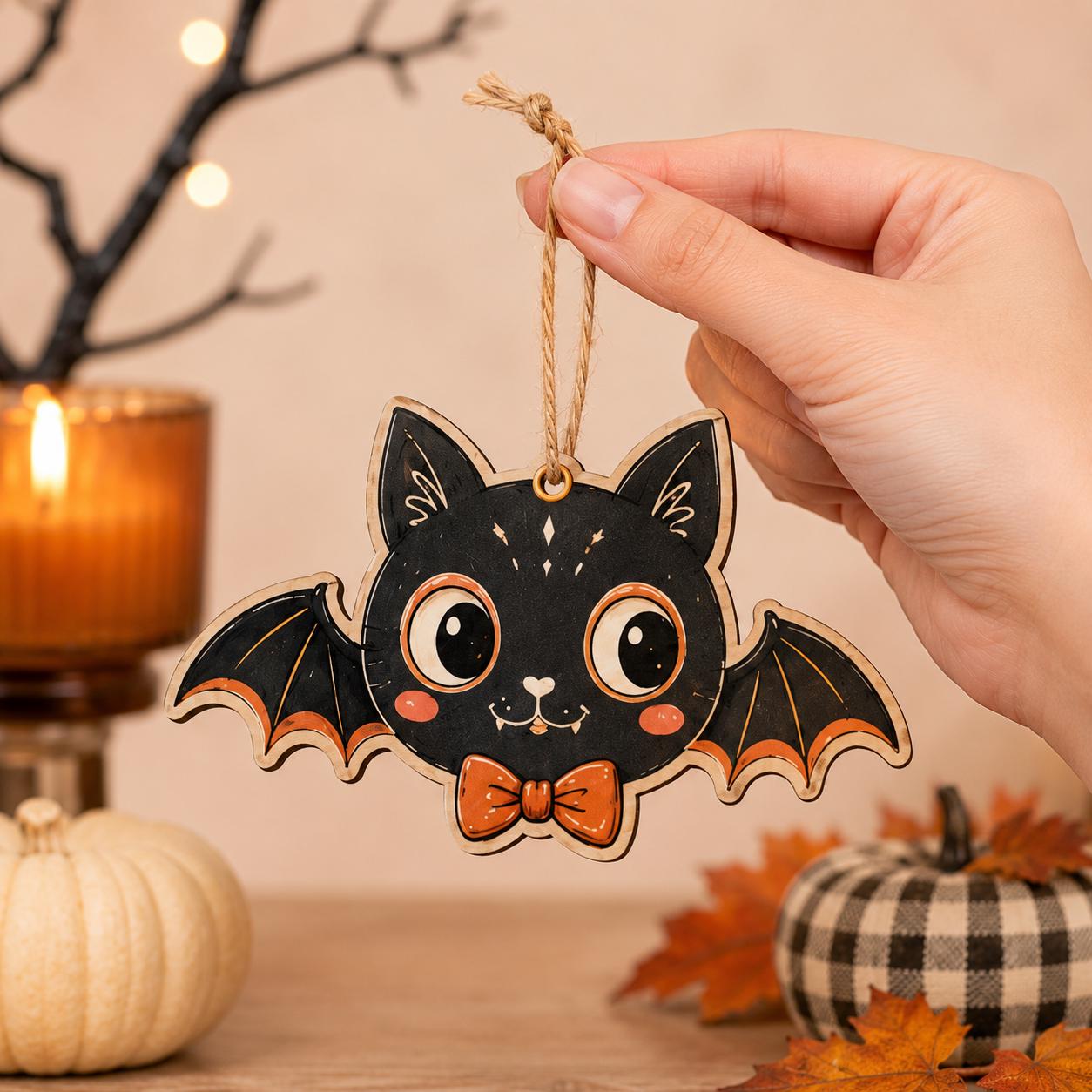 Halloween Wooden Hanging Ornaments Set, Cute Ghost Owl Decor, Black Cat Bat Pumpkin Skull Wood Tree Ornament, Fall Farmhouse Decor Halloween