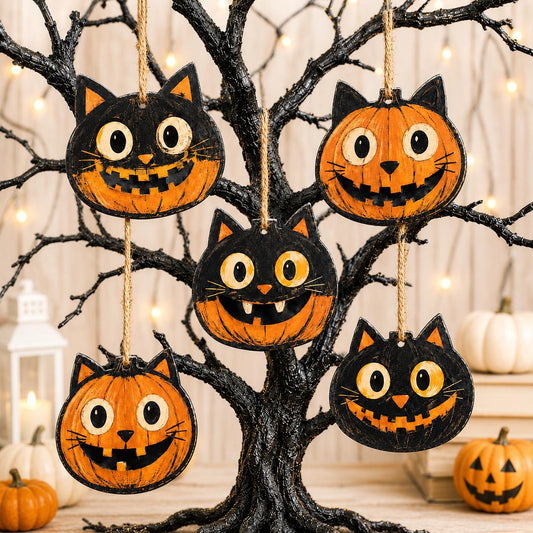 Halloween Cat Pumpkin Vintage  Wooden Ornament, 2D Flat Hanging Decoration, Black Cat Wood Sign, Rustic Halloween Tree Decor Gift Ornament