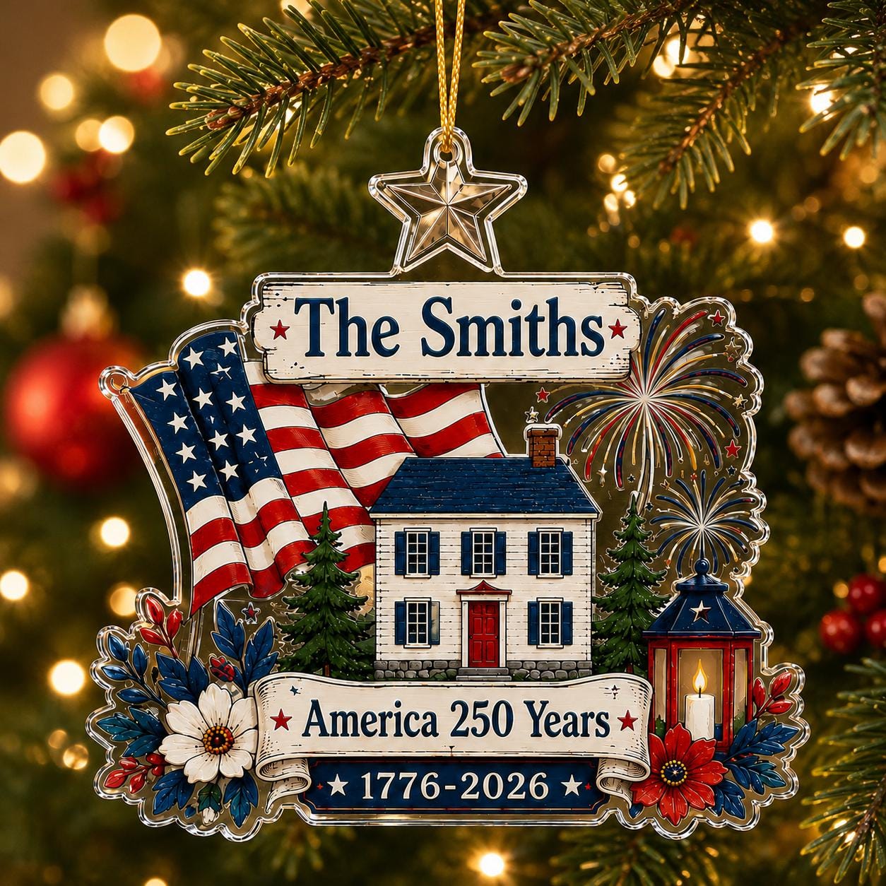 Personalized USA 250th Anniversary Ornament 1776–2026, Custom Family Name Patriotic Ornament, USA Semiquincentennial Christmas Tree Decor