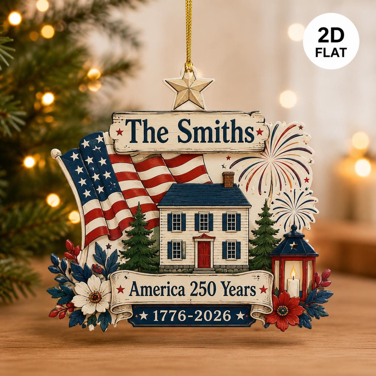 Personalized USA 250th Anniversary Ornament 1776–2026, Custom Family Name Patriotic Ornament, USA Semiquincentennial Christmas Tree Decor