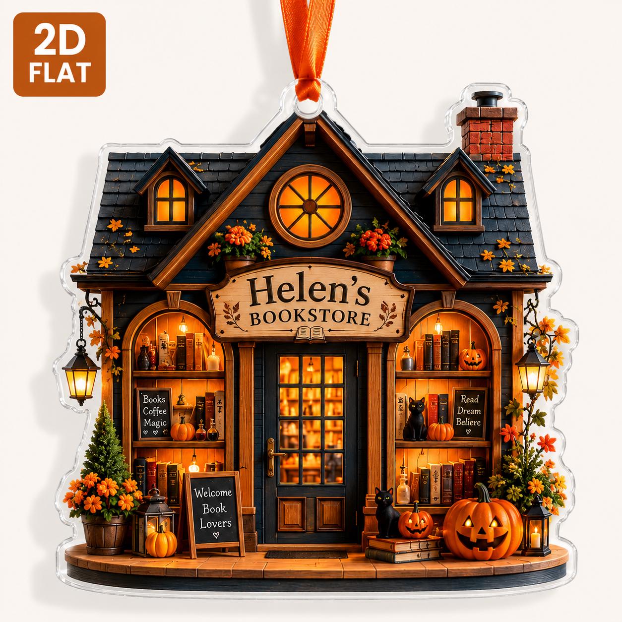 Personalized Halloween Bookstore Ornament, Custom Book Lover Acrylic Ornament, Cozy Bookshop Halloween Decor, Reader Christmas Gift