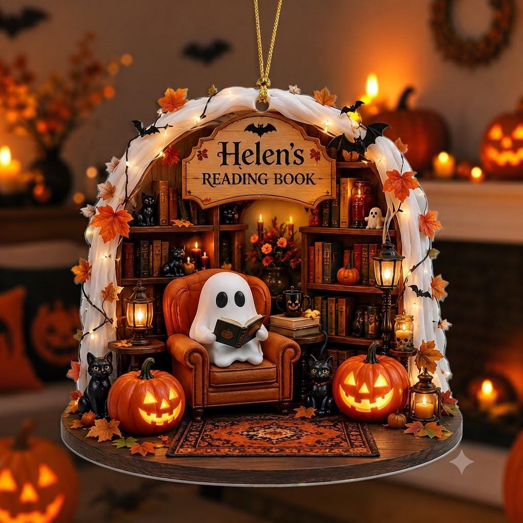 Personalized Halloween Reading Ghost Ornament, Custom Book Lover Acrylic Ornament, Cozy Library Halloween Decor, Reader Christmas Gift
