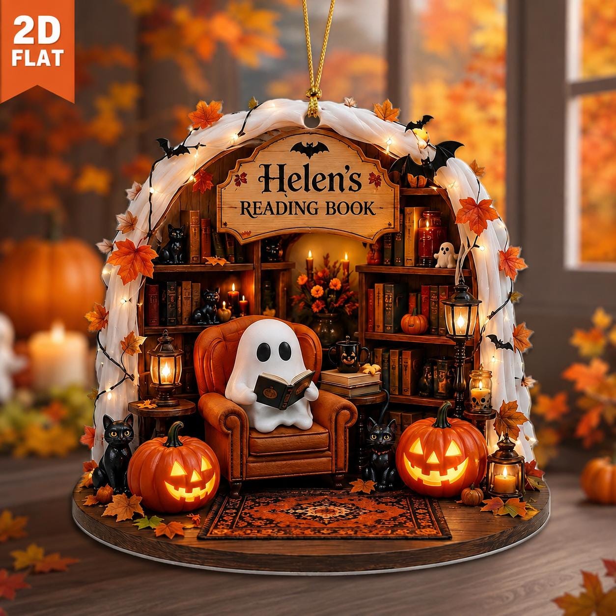 Personalized Halloween Reading Ghost Ornament, Custom Book Lover Acrylic Ornament, Cozy Library Halloween Decor, Reader Christmas Gift