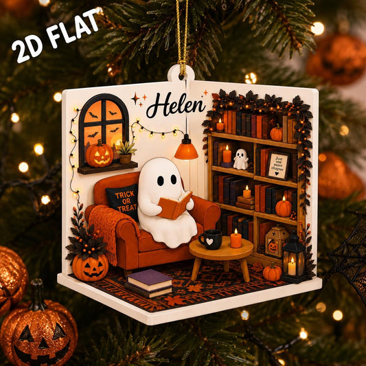 Personalized Ghost Reading Halloween Ornament, Custom Book Lover Halloween Decor, Spooky Bookshelf Acrylic Flat Christmas Ornament
