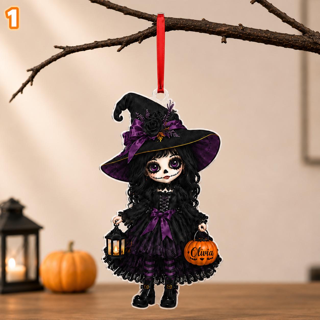 Personalized Witch Ornament, Custom Halloween Witch Girl Ornament, Gothic Witch Acrylic Ornament, Spooky Halloween Gift, Witch Halloween