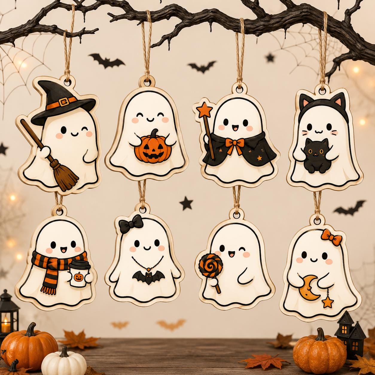 Cute Halloween Ghost Ornament, 2D Flat Ghost Tree Decor, Personalized Spooky Pumpkin Ornament, Halloween Party Decor, Fall Hanging Gift