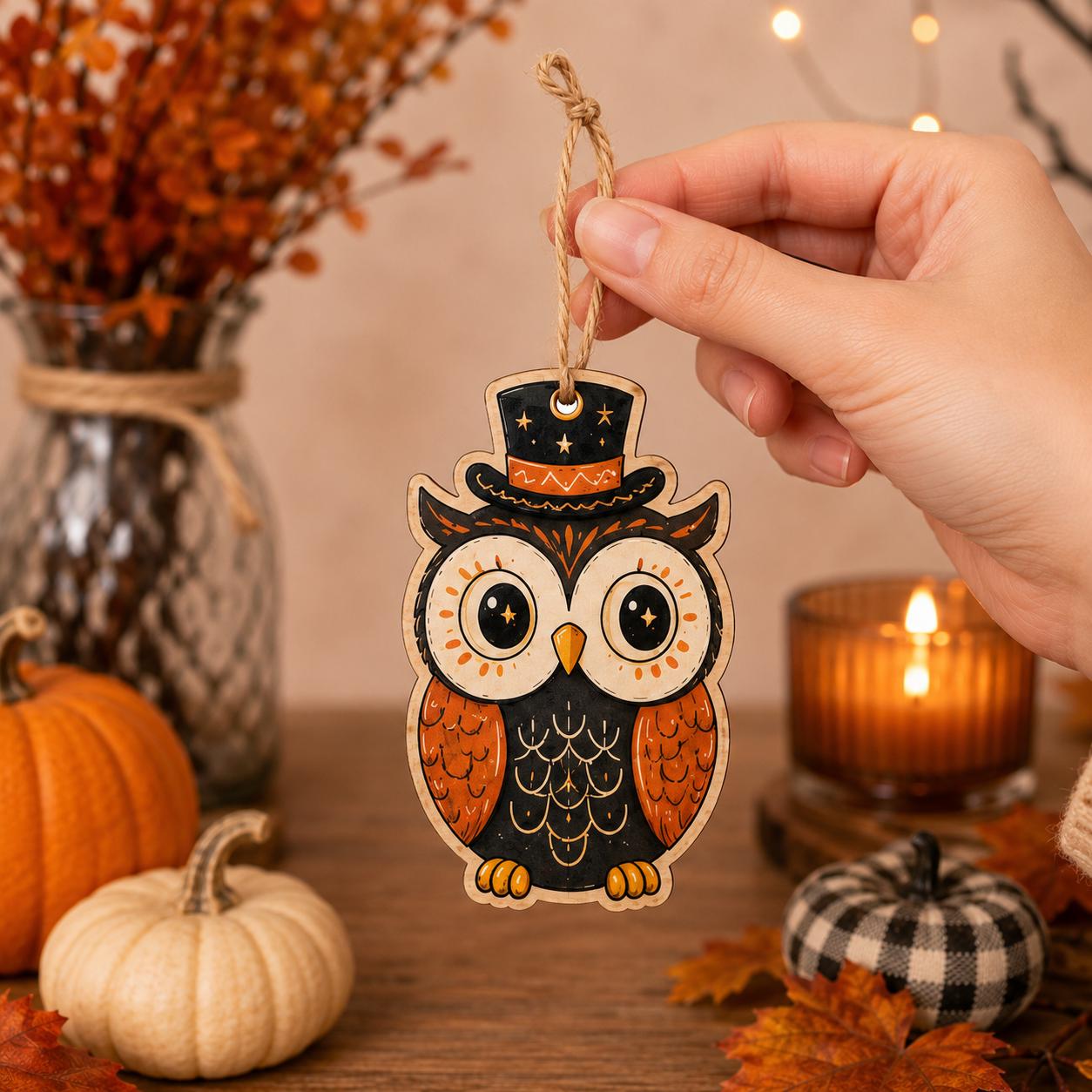 Halloween Wooden Hanging Ornaments Set, Cute Ghost Owl Decor, Black Cat Bat Pumpkin Skull Wood Tree Ornament, Fall Farmhouse Decor Halloween