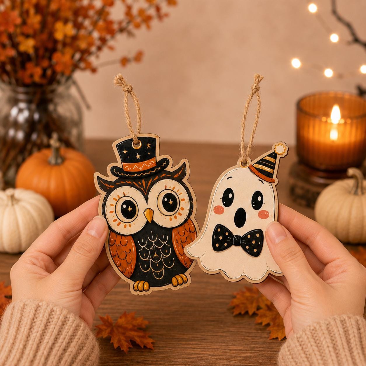 Halloween Wooden Hanging Ornaments Set, Cute Ghost Owl Decor, Black Cat Bat Pumpkin Skull Wood Tree Ornament, Fall Farmhouse Decor Halloween