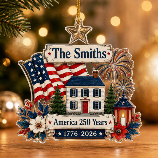 Personalized USA 250th Anniversary Ornament 1776–2026, Custom Family Name Patriotic Ornament, USA Semiquincentennial Christmas Tree Decor