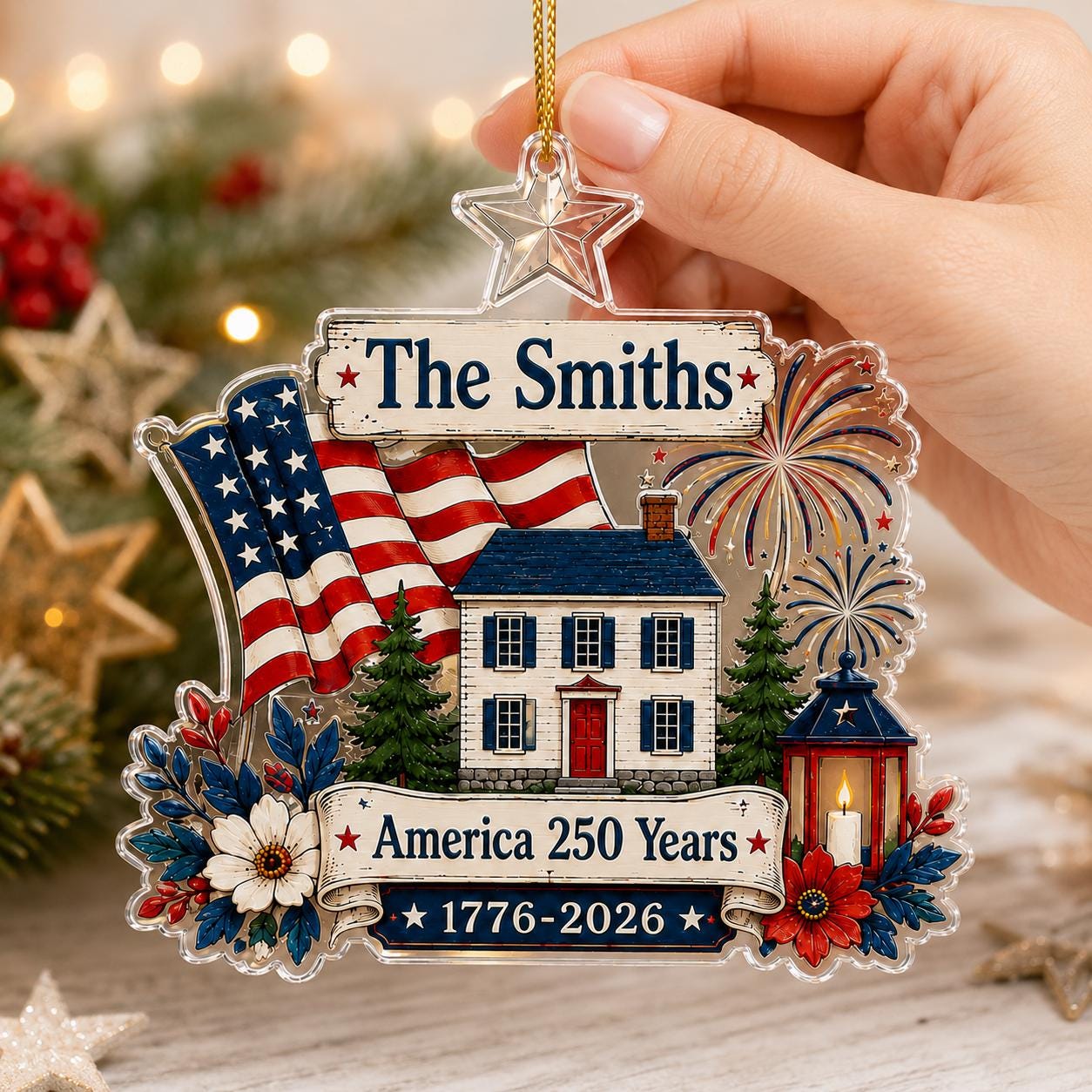 Personalized USA 250th Anniversary Ornament 1776–2026, Custom Family Name Patriotic Ornament, USA Semiquincentennial Christmas Tree Decor