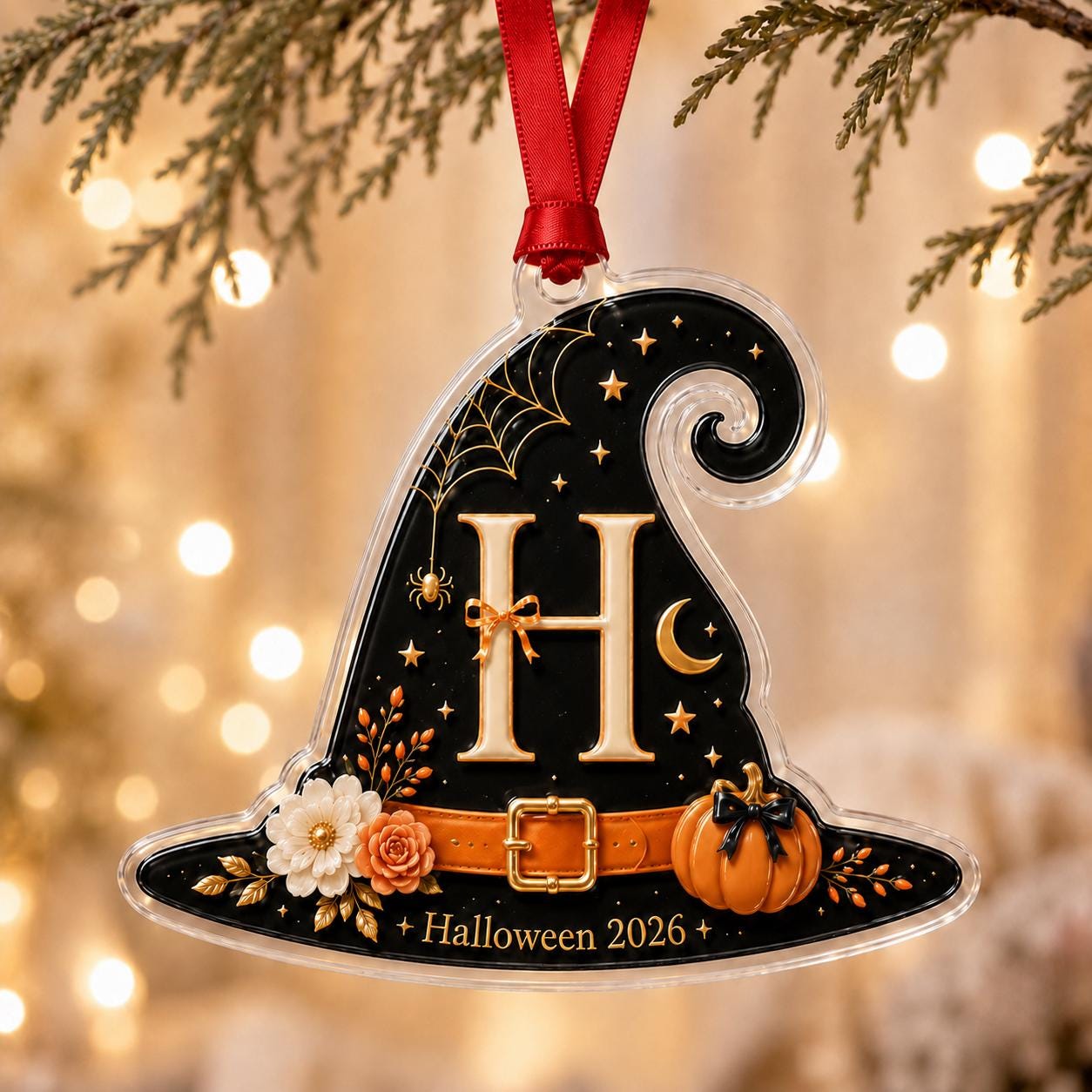 Personalized Halloween Witch Hat Acrylic Ornament, Custom Initial Halloween Tree Decoration, Pumpkin Keepsake Gift 2026 Halloween Onrament