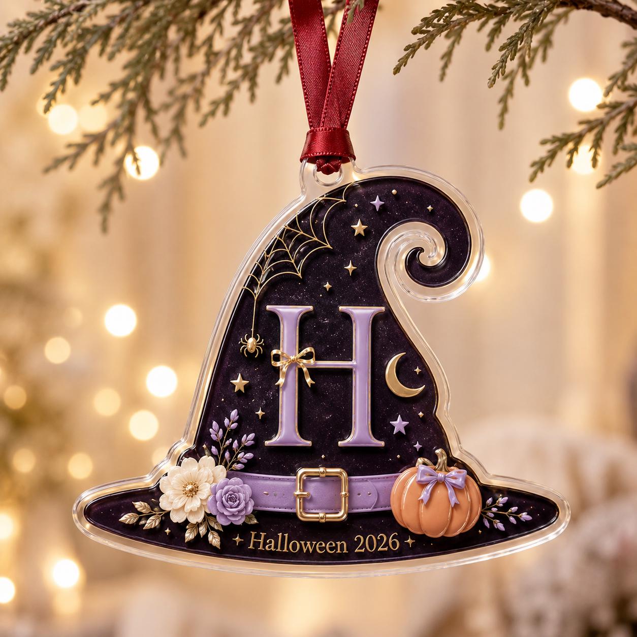 Personalized Halloween Witch Hat Acrylic Ornament, Custom Initial Halloween Tree Decoration, Pumpkin Keepsake Gift 2026 Halloween Onrament