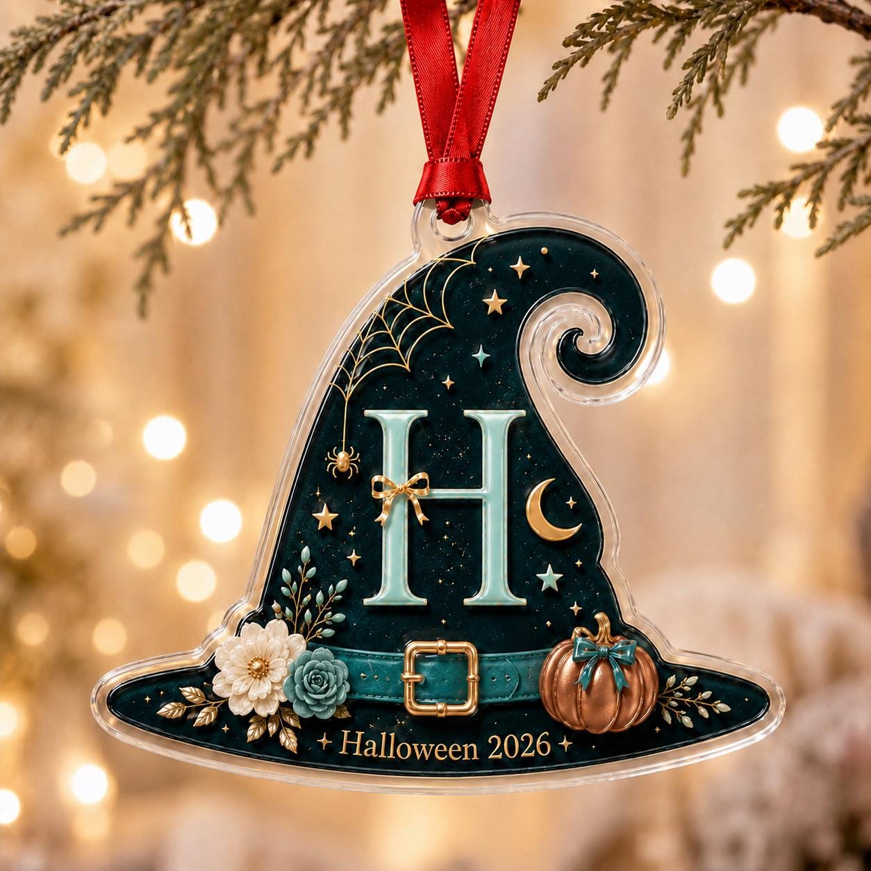 Personalized Halloween Witch Hat Acrylic Ornament, Custom Initial Halloween Tree Decoration, Pumpkin Keepsake Gift 2026 Halloween Onrament