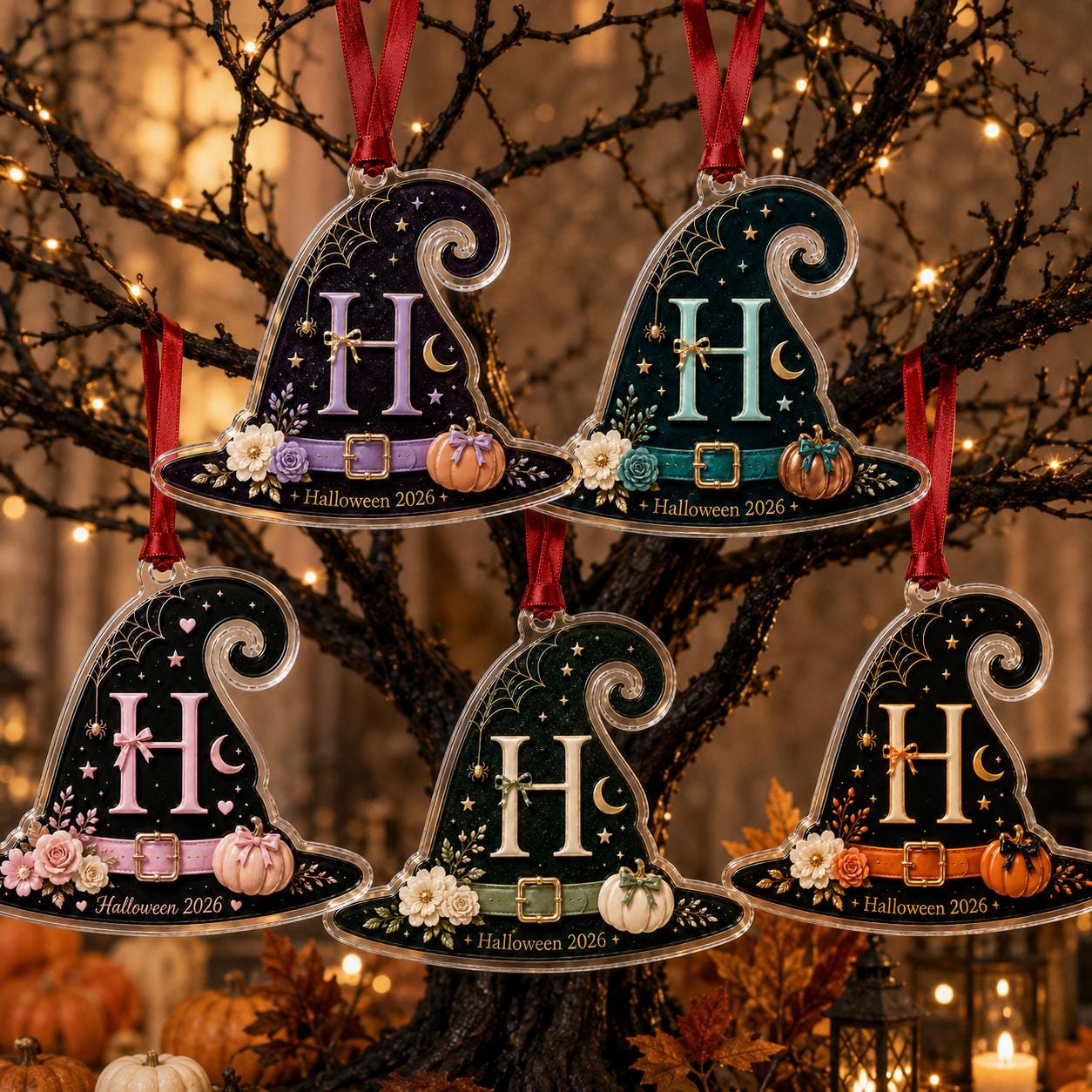 Personalized Halloween Witch Hat Acrylic Ornament, Custom Initial Halloween Tree Decoration, Pumpkin Keepsake Gift 2026 Halloween Onrament