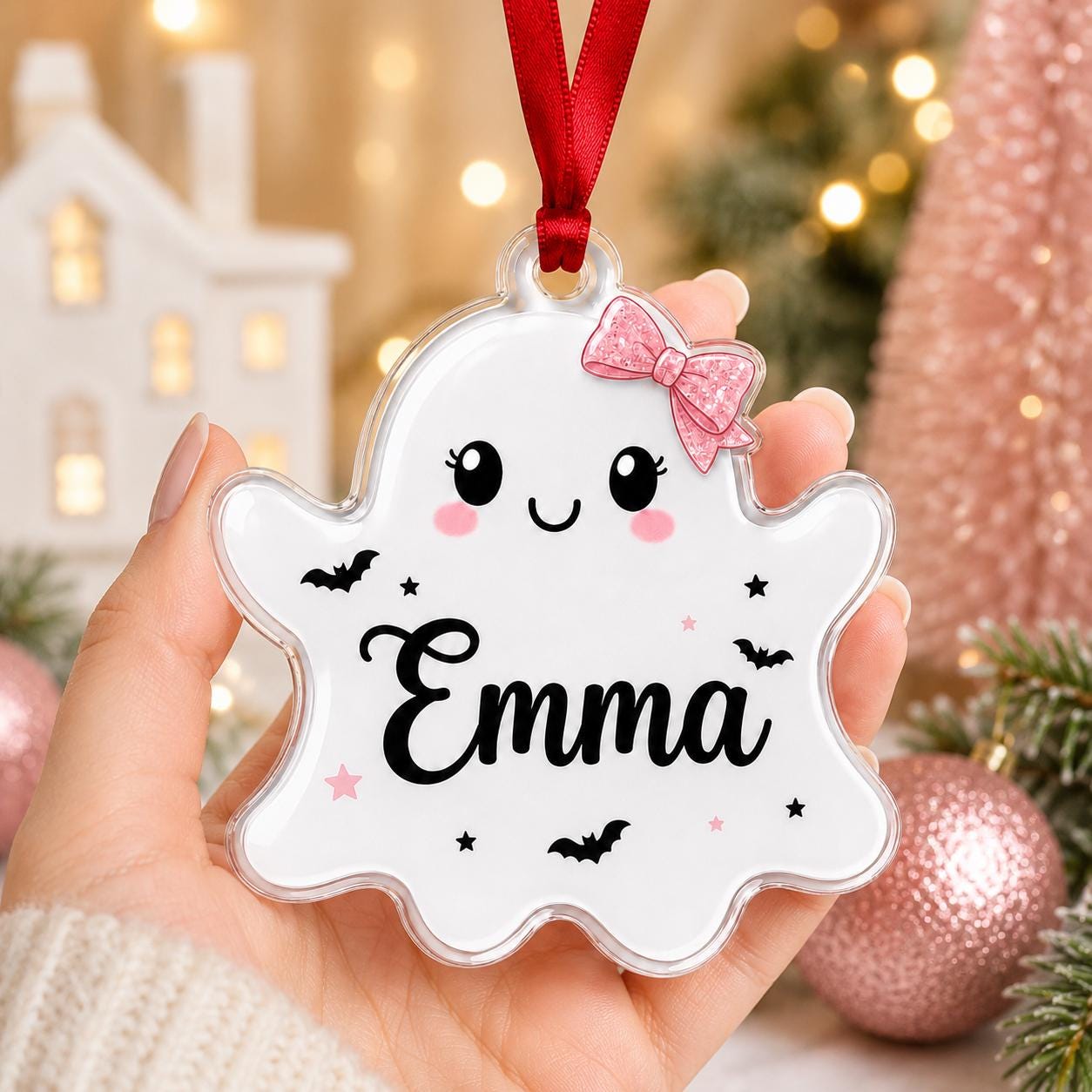 Personalized Ghost Halloween Acrylic Ornament, Custom Cute Halloween Ghost Name Ornament, Pink Bow Ghost Christmas Tree Decoration Gift