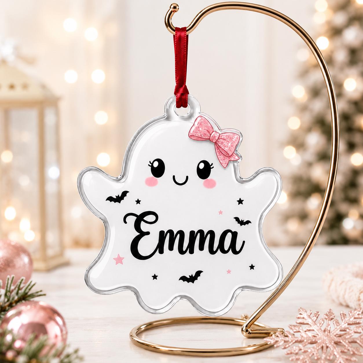 Personalized Ghost Halloween Acrylic Ornament, Custom Cute Halloween Ghost Name Ornament, Pink Bow Ghost Christmas Tree Decoration Gift