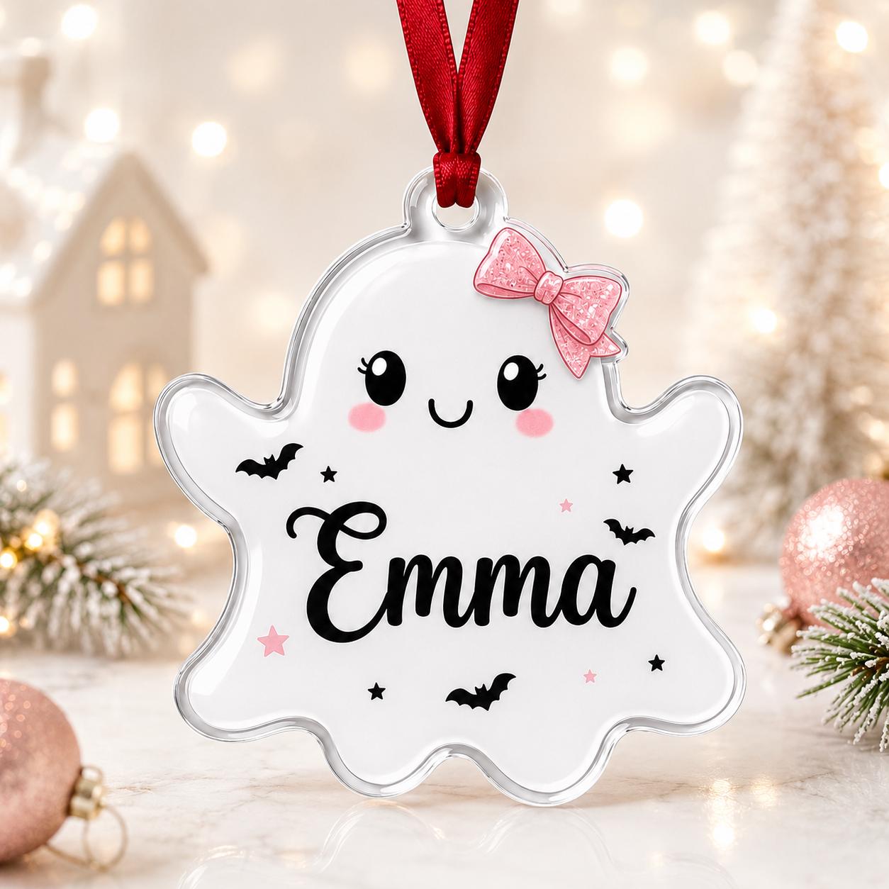 Personalized Ghost Halloween Acrylic Ornament, Custom Cute Halloween Ghost Name Ornament, Pink Bow Ghost Christmas Tree Decoration Gift