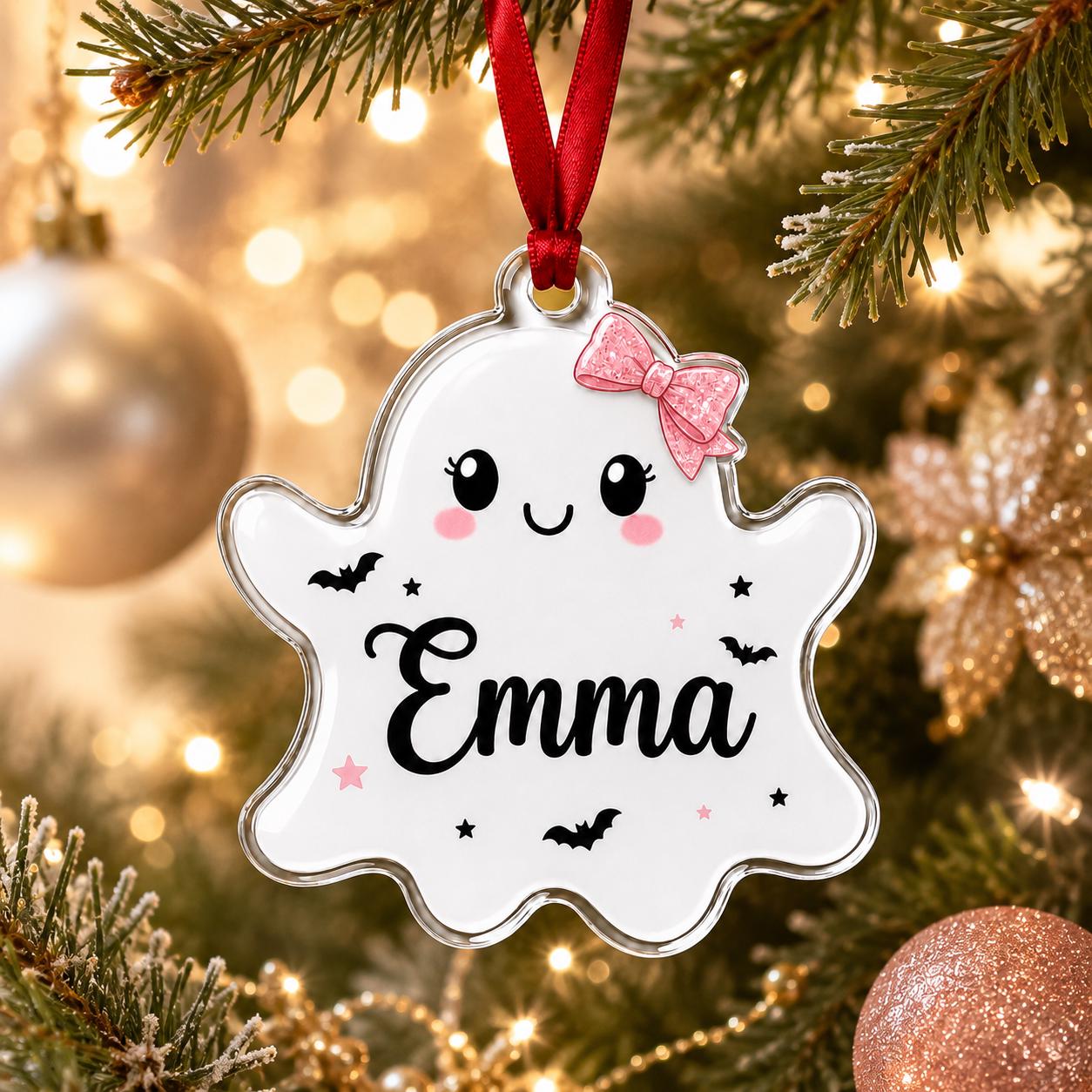 Personalized Ghost Halloween Acrylic Ornament, Custom Cute Halloween Ghost Name Ornament, Pink Bow Ghost Christmas Tree Decoration Gift
