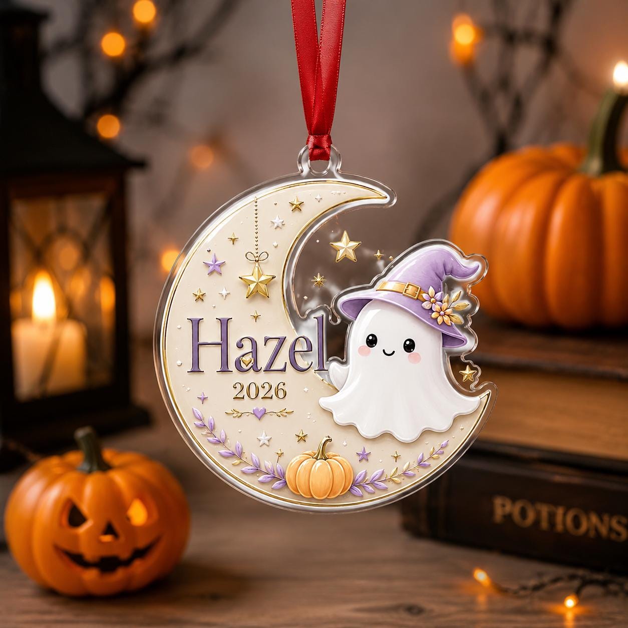Personalized Ghost Moon Acrylic Ornament, Custom Halloween Ghost Name Ornament, Witch Ghost Keepsake, Cute Spooky Gift for Kids Halloween