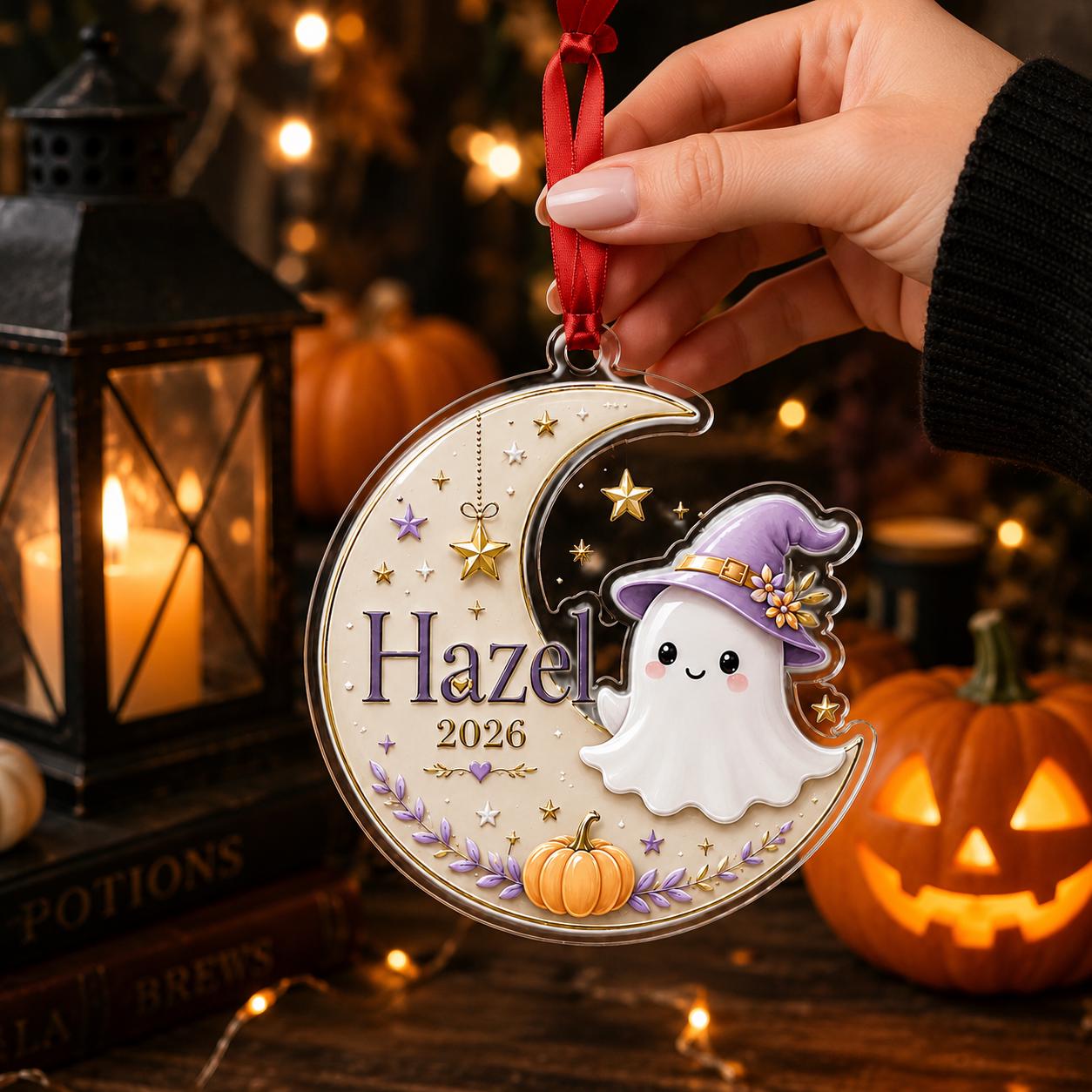Personalized Ghost Moon Acrylic Ornament, Custom Halloween Ghost Name Ornament, Witch Ghost Keepsake, Cute Spooky Gift for Kids Halloween
