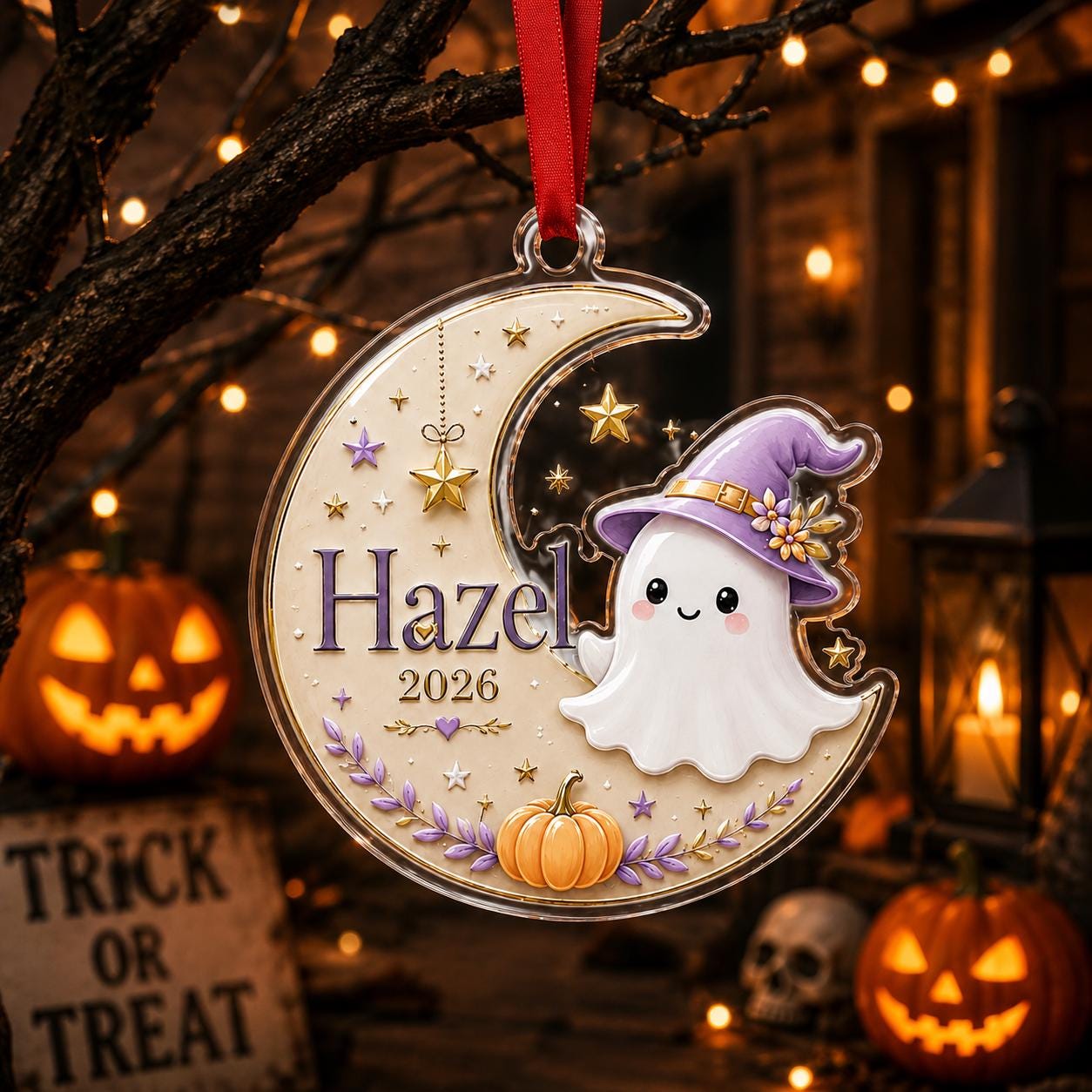 Personalized Ghost Moon Acrylic Ornament, Custom Halloween Ghost Name Ornament, Witch Ghost Keepsake, Cute Spooky Gift for Kids Halloween