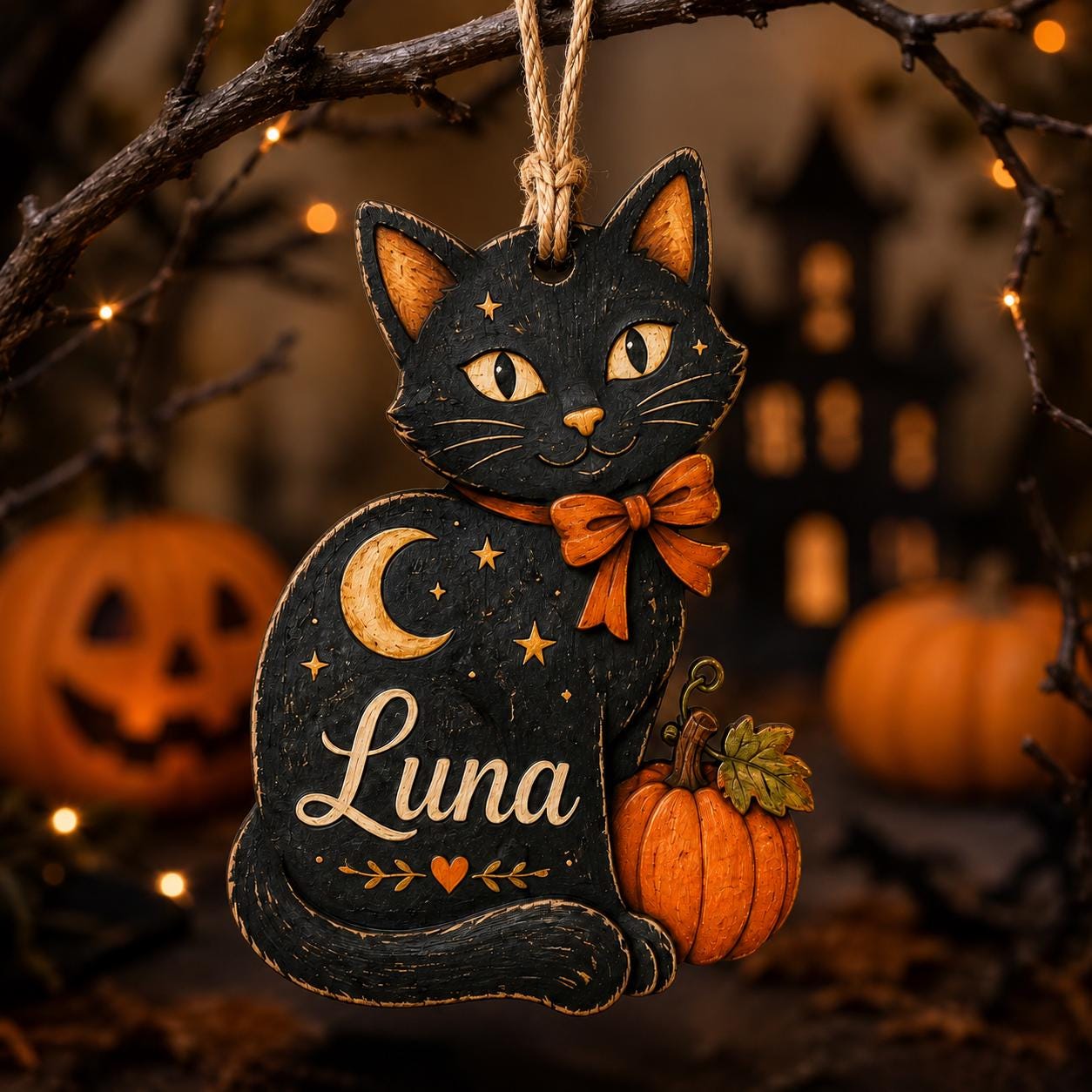 Personalized Black Cat Wooden Ornament, Custom Halloween Cat Name Ornament, Rustic Wood Pumpkin Keepsake, Spooky Cat Lover Gift Halloween