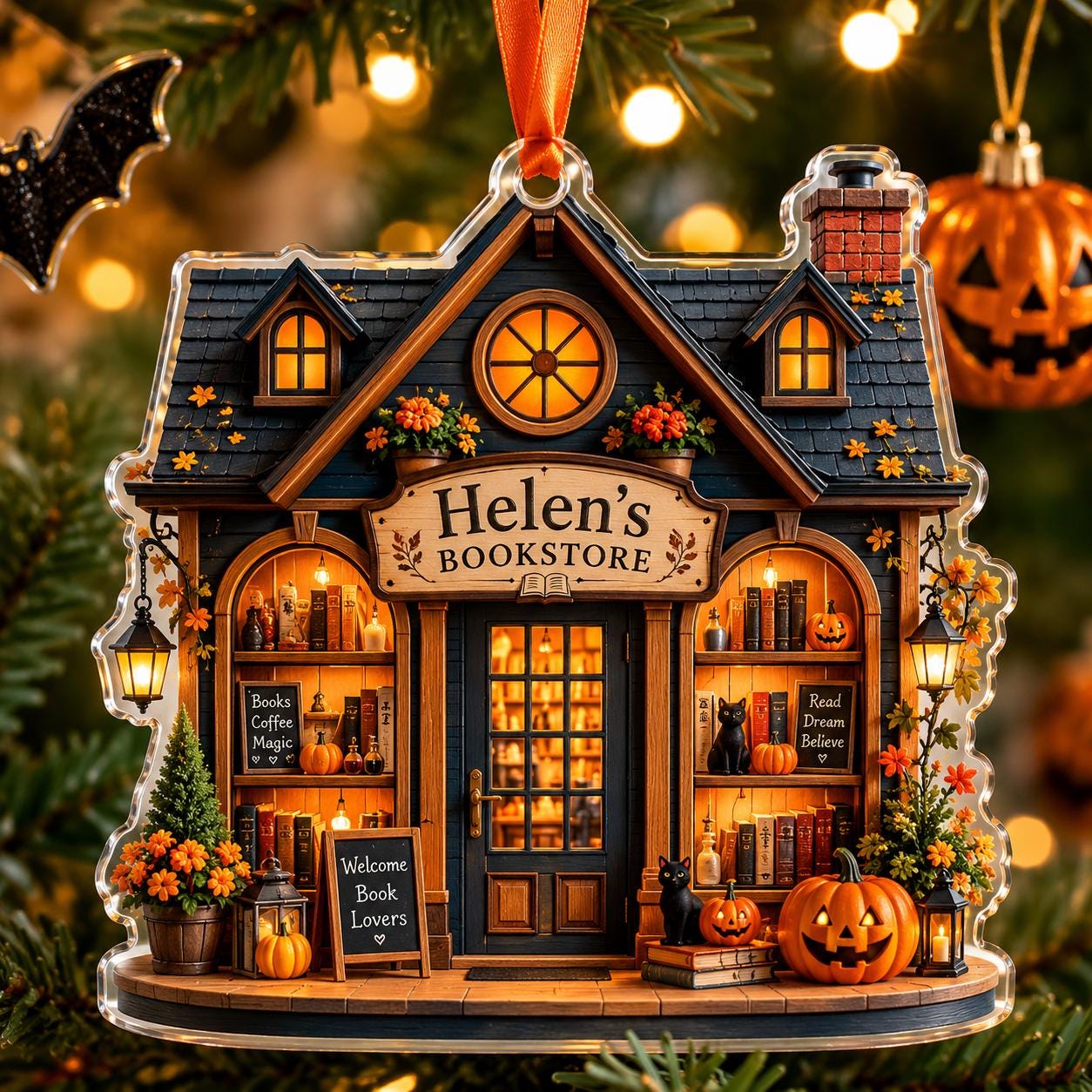 Personalized Halloween Bookstore Ornament, Custom Book Lover Acrylic Ornament, Cozy Bookshop Halloween Decor, Reader Christmas Gift