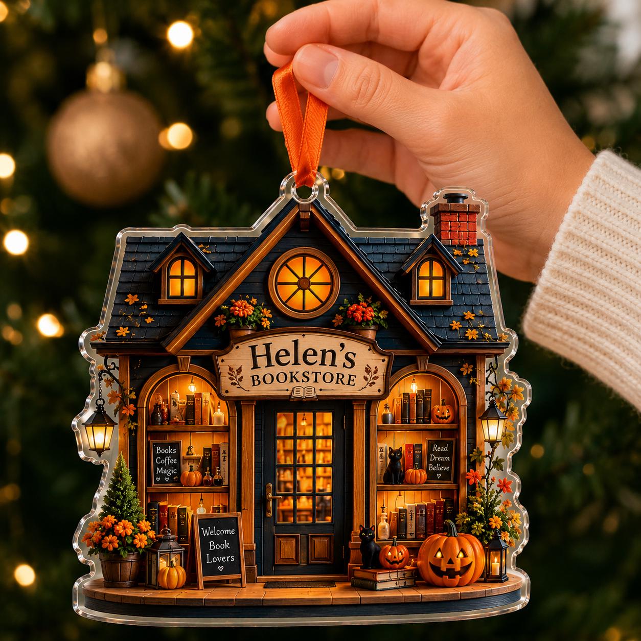 Personalized Halloween Bookstore Ornament, Custom Book Lover Acrylic Ornament, Cozy Bookshop Halloween Decor, Reader Christmas Gift