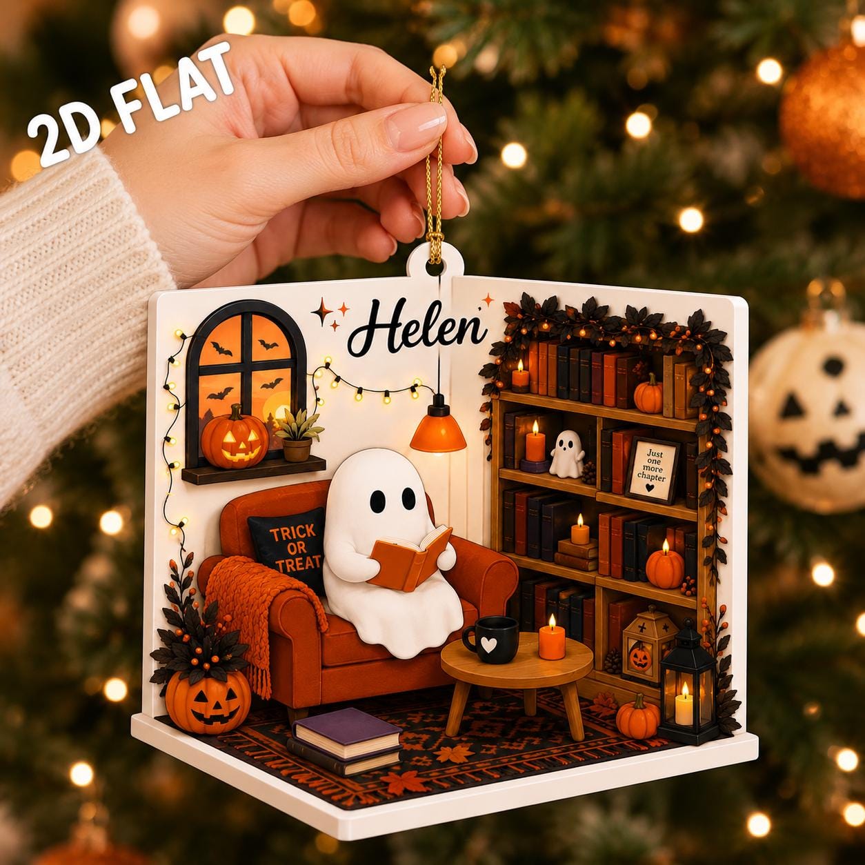 Personalized Ghost Reading Halloween Ornament, Custom Book Lover Halloween Decor, Spooky Bookshelf Acrylic Flat Christmas Ornament