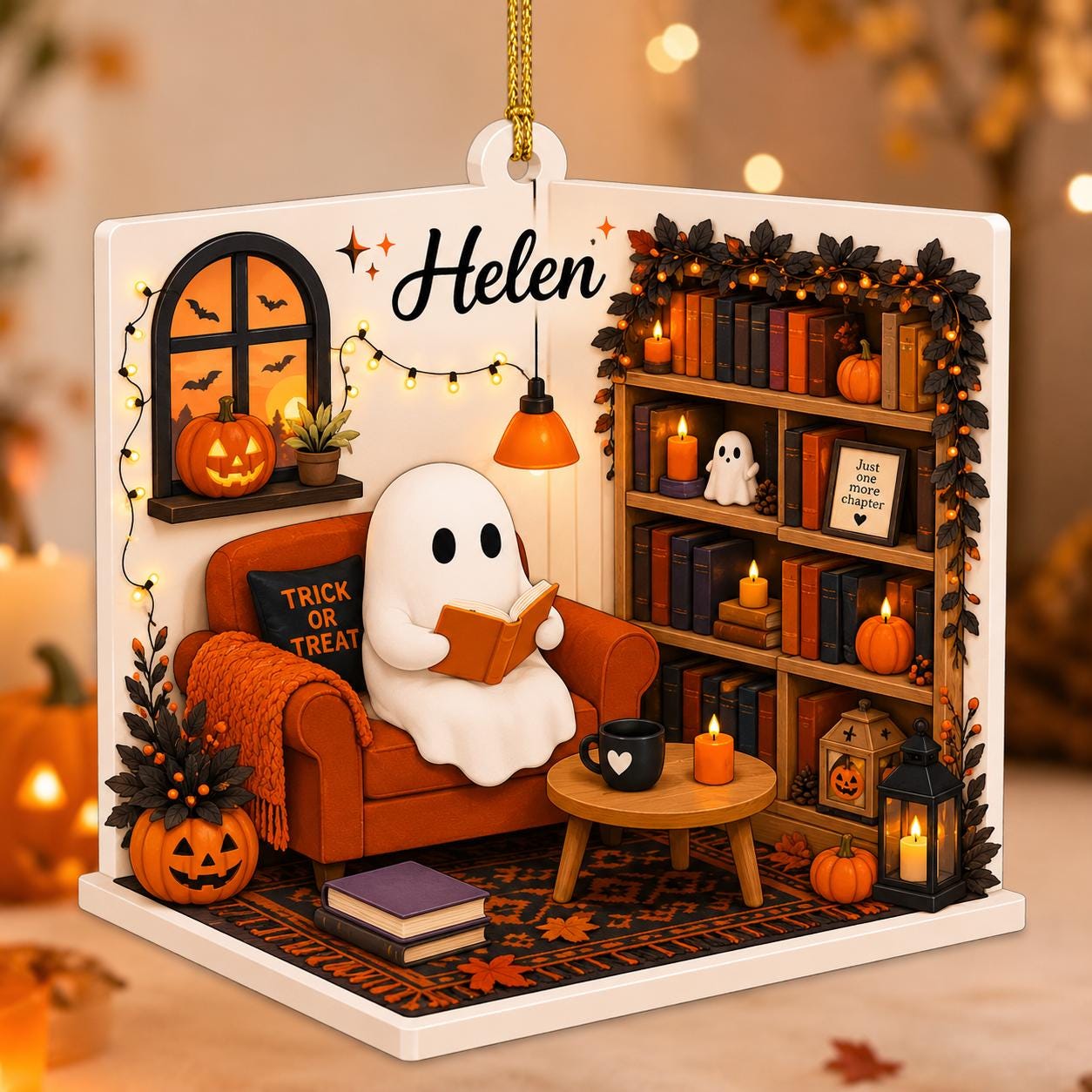 Personalized Ghost Reading Halloween Ornament, Custom Book Lover Halloween Decor, Spooky Bookshelf Acrylic Flat Christmas Ornament