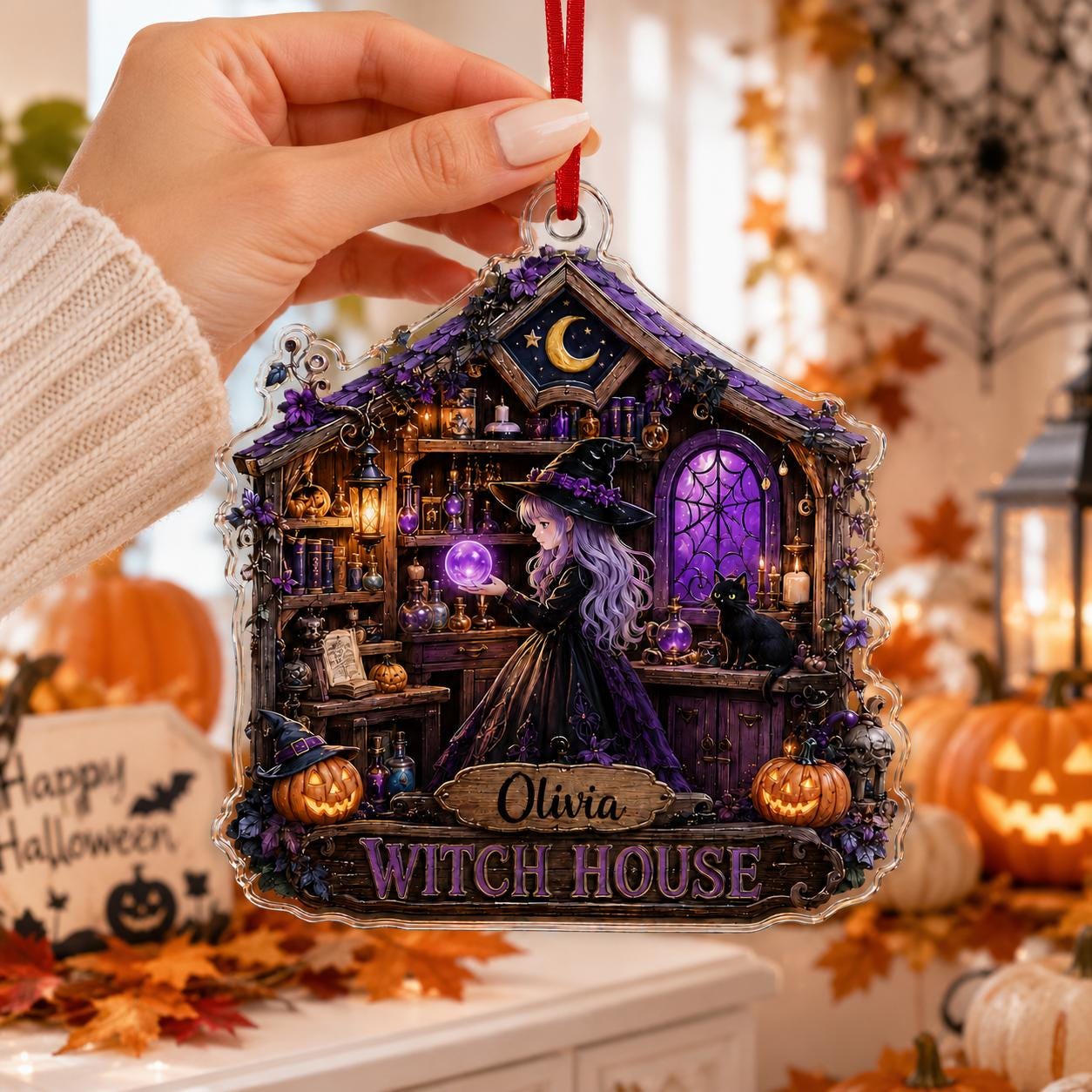 Personalized Witch House Ornament, Custom Name Halloween Ornament, Acrylic Witchy Decor, Black Cat Gift, Spooky Halloween Keepsake