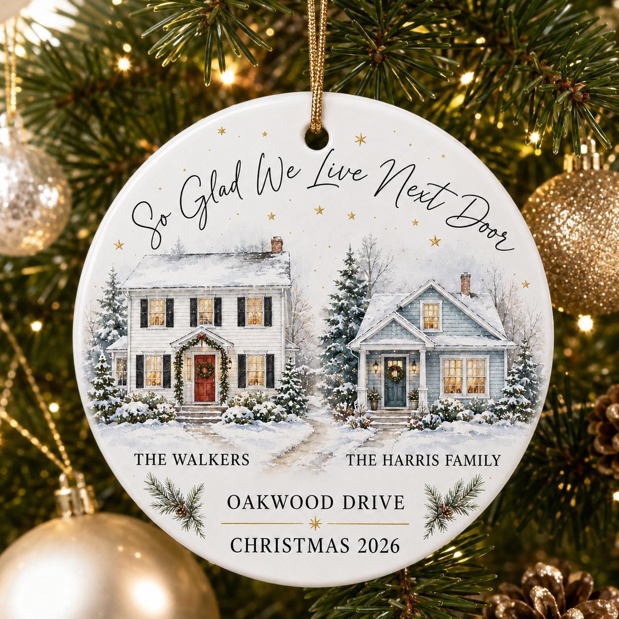 Personalized Neighbor Christmas Ornament, Custom Ceramic House Ornament, New Neighbor Gift, Family Names and Street, Christmas 2026 Neighbor