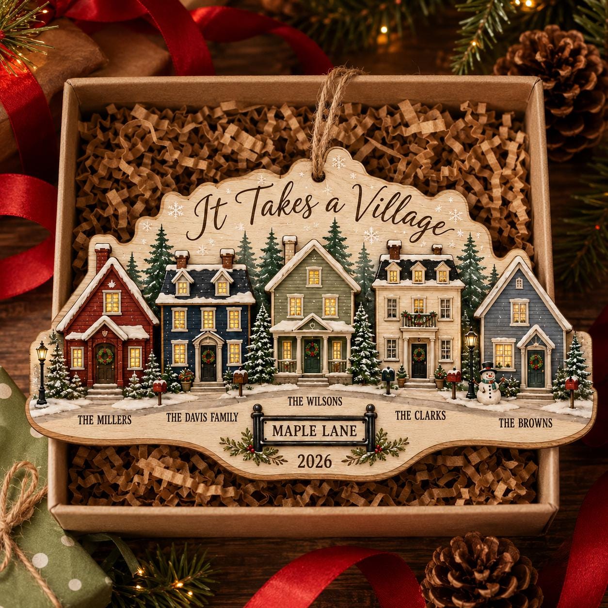 Personalized Neighborhood Christmas Ornament, It Takes a Village Wooden Ornament, Custom Family Names Street Gift, Neighbor Keepsake