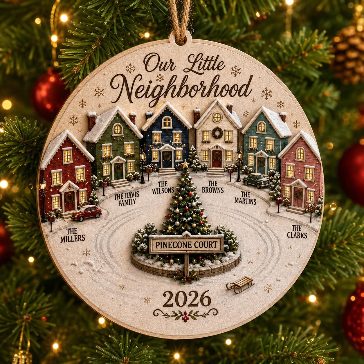 Personalized Neighborhood Christmas Ornament, Custom Family Names and Street Sign, Our Little Neighborhood Wooden Ornament 2026