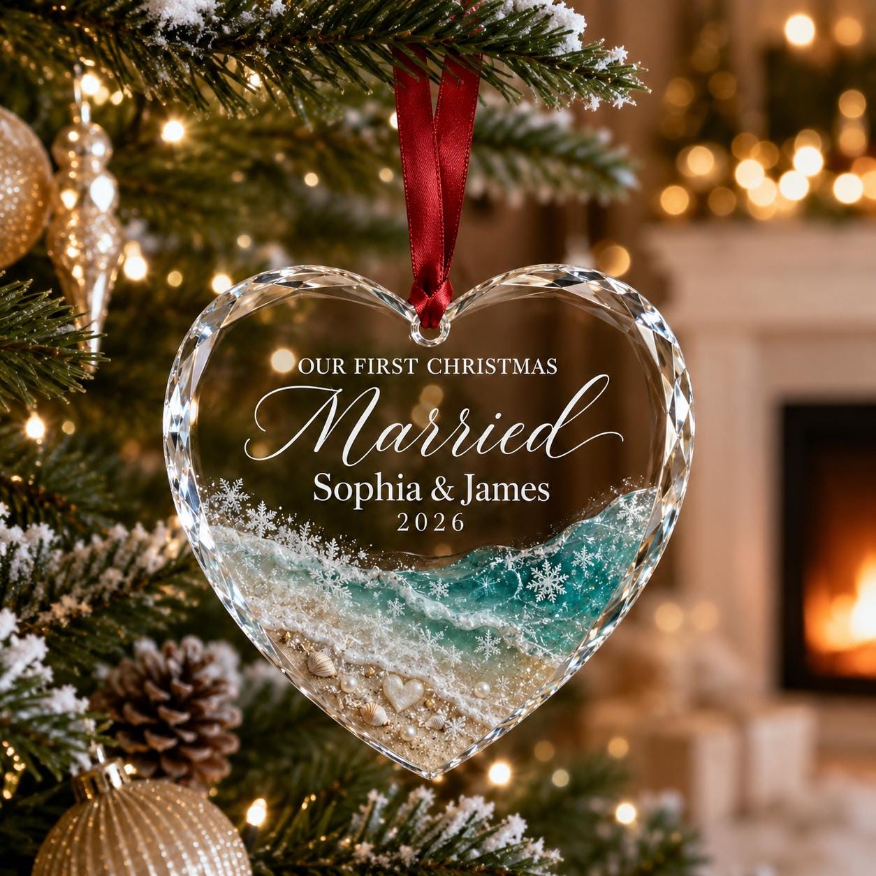 First Christmas Married Glass Heart Ornament, Personalized Beach Wedding Ornament, Custom Couple Christmas Keepsake, Coastal Wedding 2026