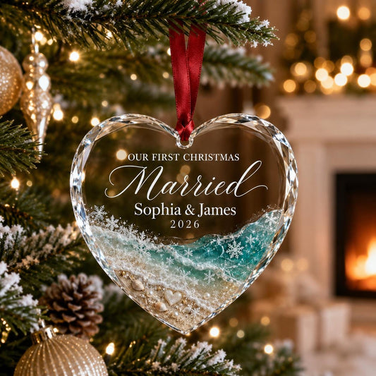 First Christmas Married Glass Heart Ornament, Personalized Beach Wedding Ornament, Custom Couple Christmas Keepsake, Coastal Wedding 2026
