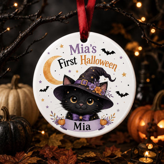 Personalized First Halloween Ornament, Baby Halloween Ornament, Witch Cat Halloween Keepsake, Baby's First Halloween Gift, Ceramic Ornament