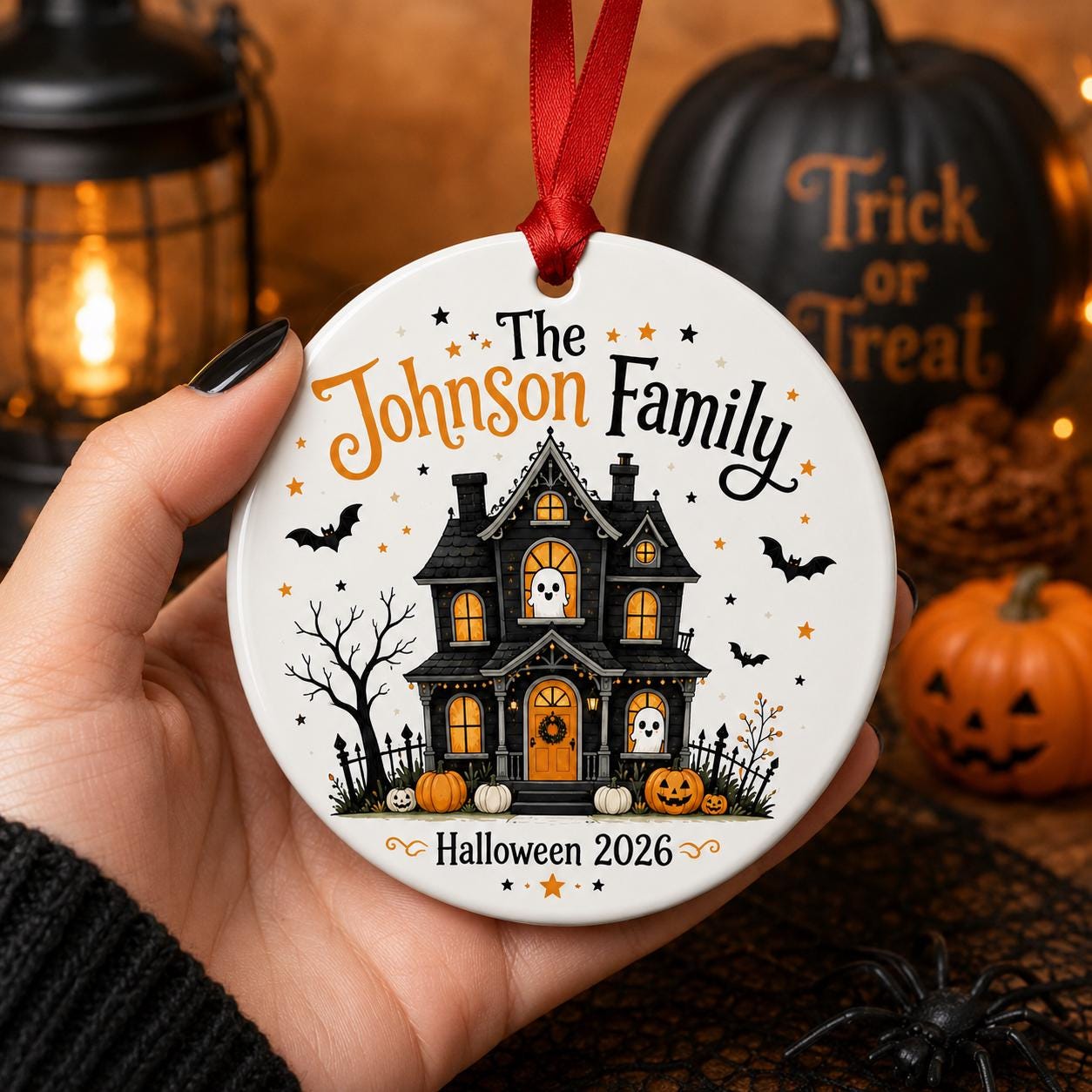 Personalized Family Halloween Ornament, Custom Haunted House Ceramic Ornament, Halloween Family Keepsake, Haunted House Halloween Decor