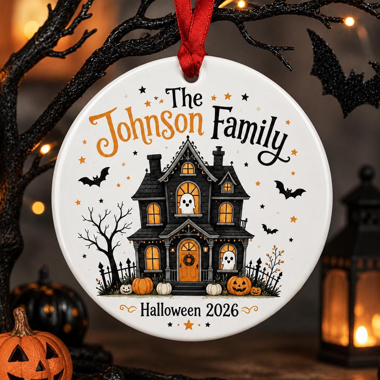Personalized Family Halloween Ornament, Custom Haunted House Ceramic Ornament, Halloween Family Keepsake, Haunted House Halloween Decor