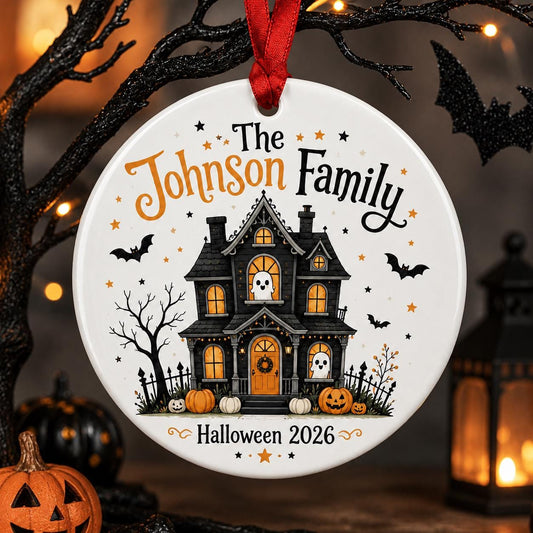 Personalized Family Halloween Ornament, Custom Haunted House Ceramic Ornament, Halloween Family Keepsake, Haunted House Halloween Decor