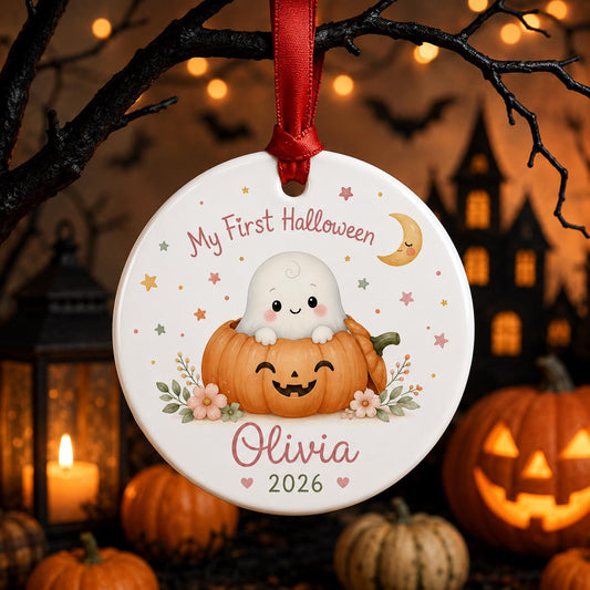 Personalized Baby First Halloween Ornament, Cute Ghost Pumpkin Ceramic Ornament, My First Halloween Keepsake, Custom Baby Halloween Gift