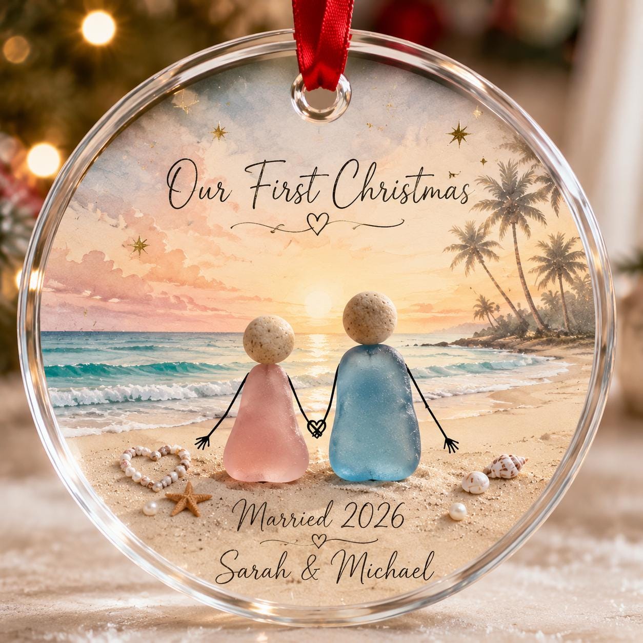 Our First Christmas Ornament 2026, Personalized Beach Couple Ornament, Married 2026 Keepsake, Coastal Christmas Gift for Newlyweds