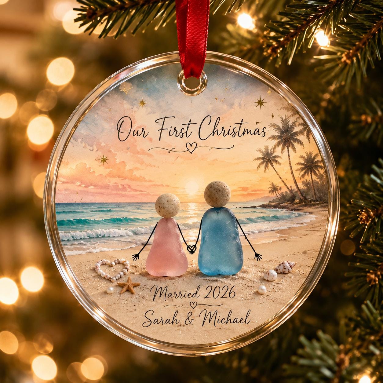 Our First Christmas Ornament 2026, Personalized Beach Couple Ornament, Married 2026 Keepsake, Coastal Christmas Gift for Newlyweds