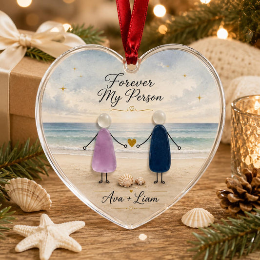 Forever My Person Heart Ornament, Personalized Couple Christmas Ornament, Beach Pebble Art Acrylic Ornament, Romantic Gift for Couples