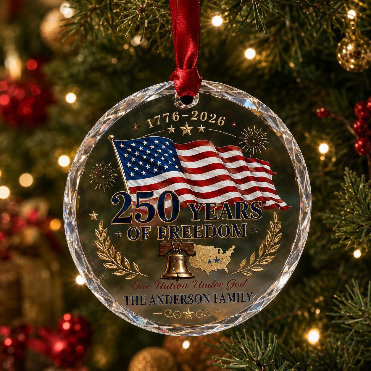 Personalized America 250 Glass Ornament, 250 Years of Freedom Christmas Ornament, USA 250th Anniversary Gift, Patriotic Family Ornament 2026